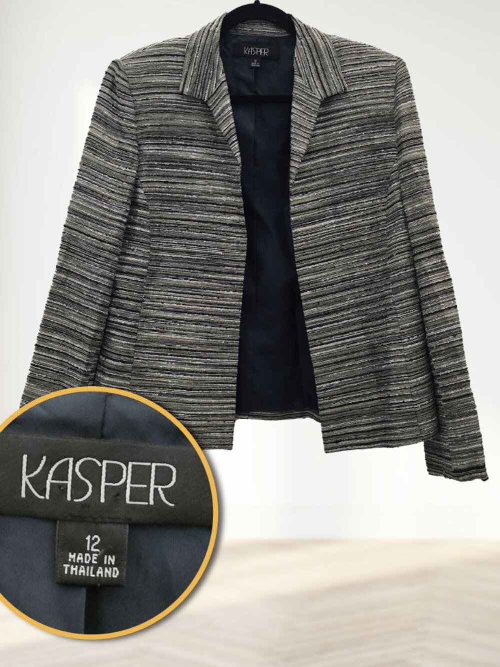 Kasper Blazer Sz 12 Grey Green Striped Tweed Rayon Silk Career Jacket